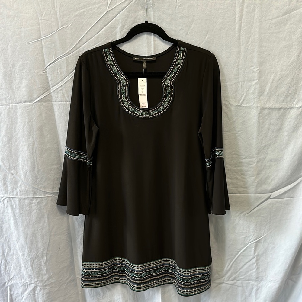 White House Black Market MJ Embrd Tunic dress, black, size L, brand new w/ tags